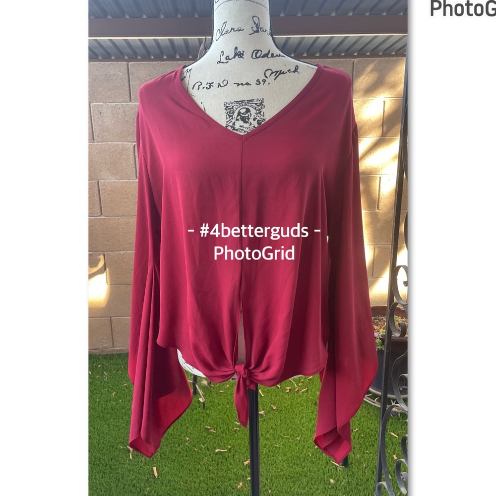 Joseph Ribkoff Tie Waist Long Trumpet Sleeve Blouse Mulberry Sz 8 CAN | US